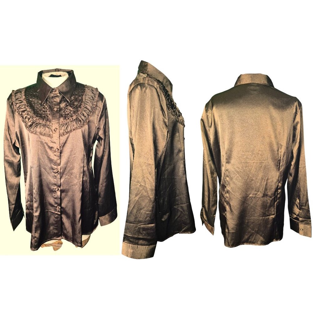 New Never Worn Clockwork Couture Steampunk Ruffle Blouse in Brown Satin Size 2XL